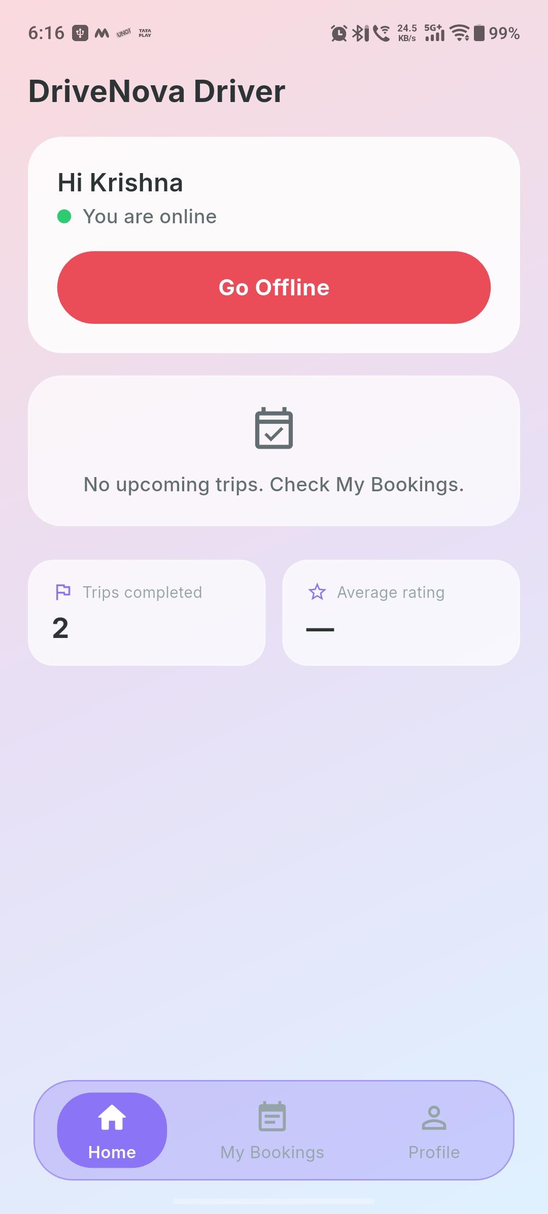 DriveNova Driver app home screen with the Go Online button and trip stats